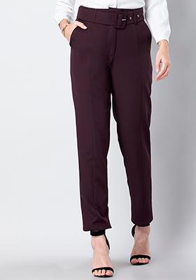 Wine Belted Formal Trousers 