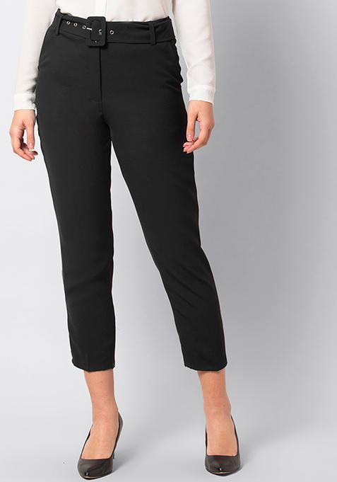 Buy Women Black Belted Tapered Pants - Trends Online India - FabAlley