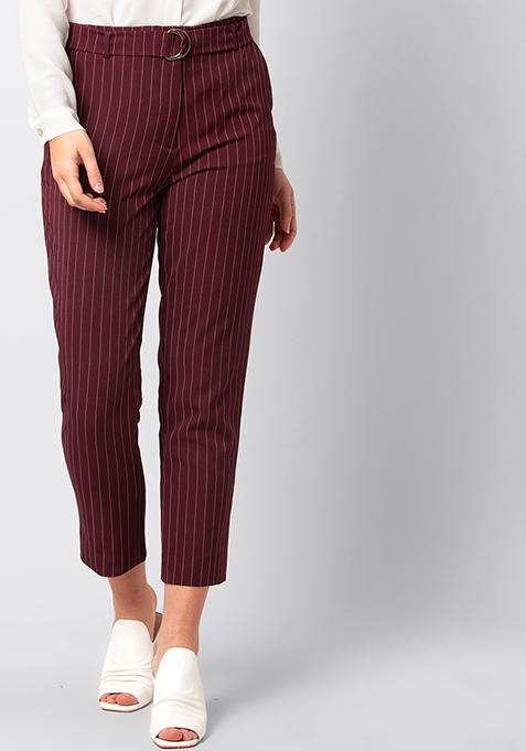 Buy Women Wine Pinstriped Formal Pants - Trends Online India - FabAlley
