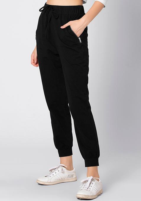 Buy Women Black Zipper Drawstring Jogger Pants - Trends Online India ...