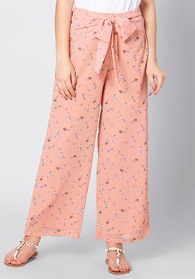 Peach Floral Belted Palazzo Pants 