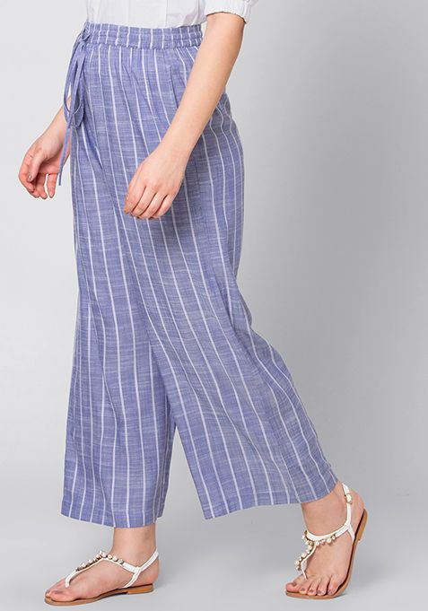 Buy Women Blue Striped Straight Leg Pyjama Pants - Bottoms Online India ...