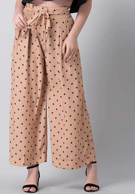 Beige Polka Pleated Belted Pants 