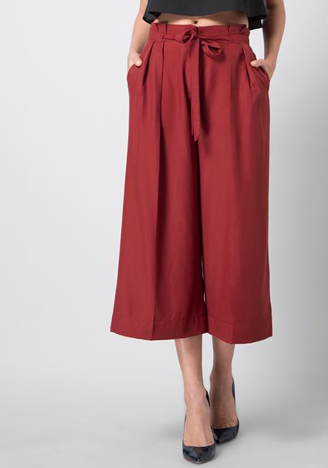 Buy Women Rust Pleated Belted Pants - Trends Online India - FabAlley