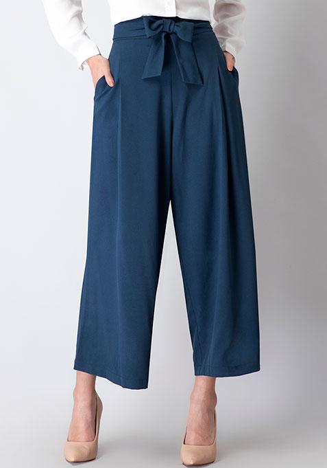 Slate Blue High Waist Wide Legged Belted Trousers 