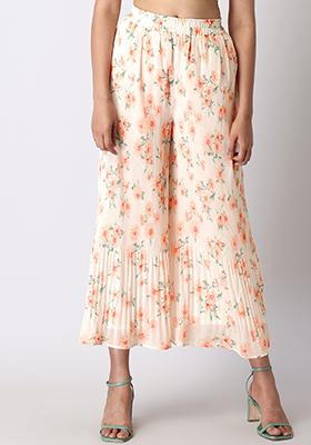 Peach Floral Pleated Flared Pants 