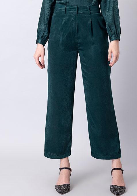 Bottle Green Satin Straight Trousers 