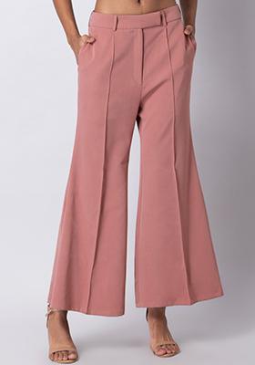Dusty Pink Pin Tuck High Waist Flared Trousers 