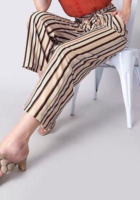 Beige Striped Paperbag High Waist Belted Trousers 