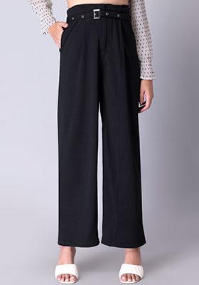 Black Belted High Waist Straight Fit Trousers  