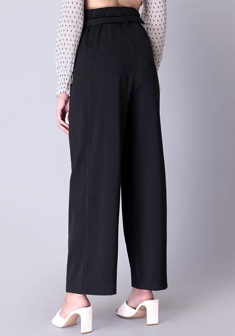 Buy Women Black Belted High Waist Straight Fit Trousers - Trends Online ...