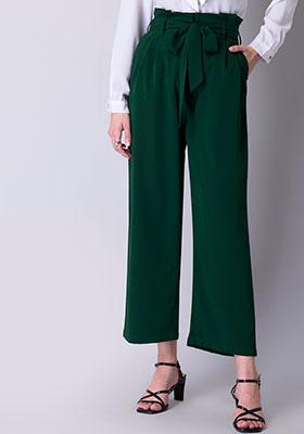 Green Paperbag Waist Belted Trousers 