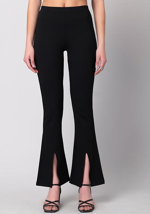 Black Front Slit High Waist Flared Leggings 