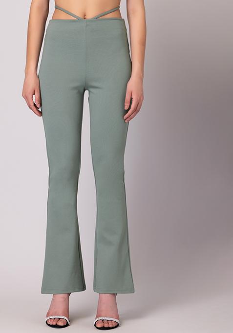 Light Green Flossing Detail Mid Rise Flared Leggings