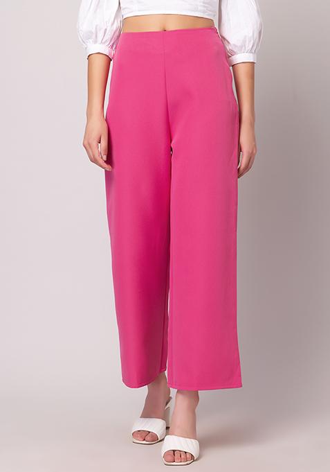 Buy Women Hot Pink High Waist Straight Trousers - Honeymoon Dress