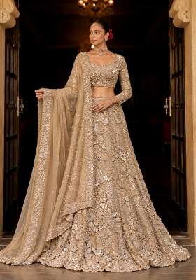 Beige Sequin And Cutdana Embellished Net Lehenga Set With Matching Dupatta