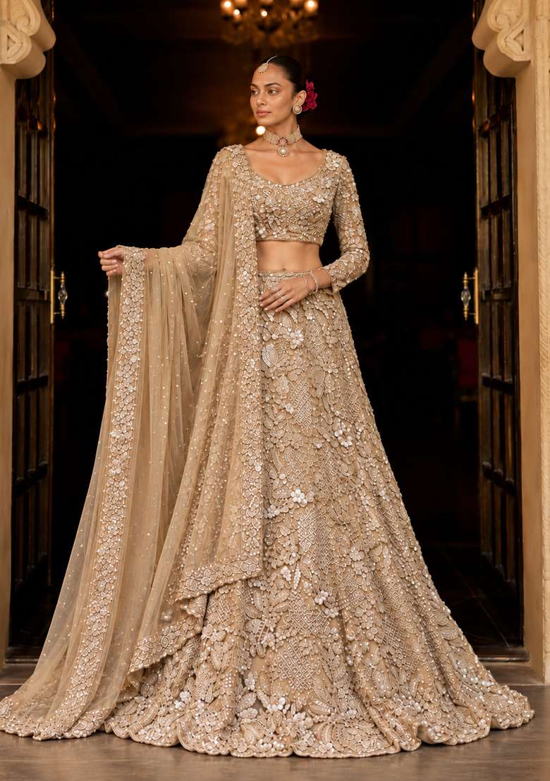 Beige Sequin And Cutdana Embellished Net Lehenga Set With Matching Dupatta - Indya