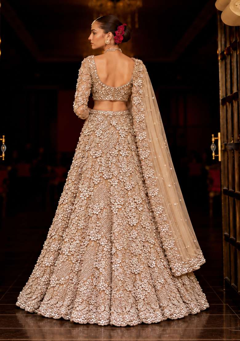 Beige Sequin And Cutdana Embellished Net Lehenga Set With Matching Dupatta - Indya