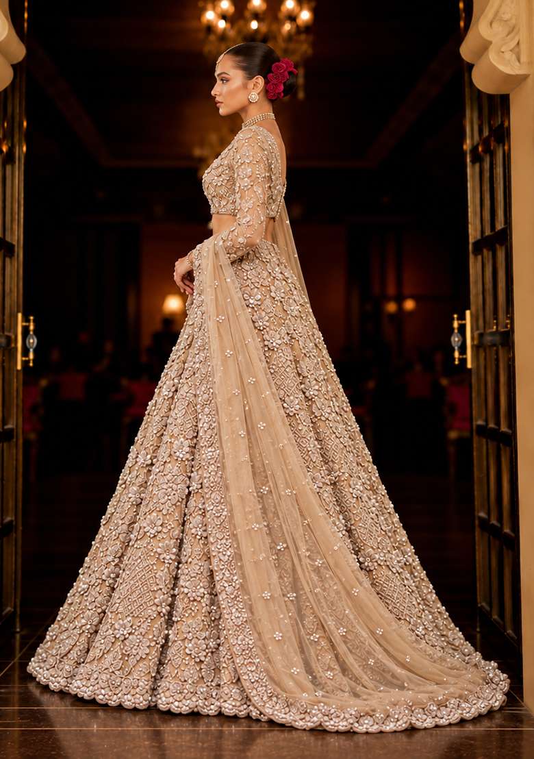 Beige Sequin And Cutdana Embellished Net Lehenga Set With Matching Dupatta - Indya