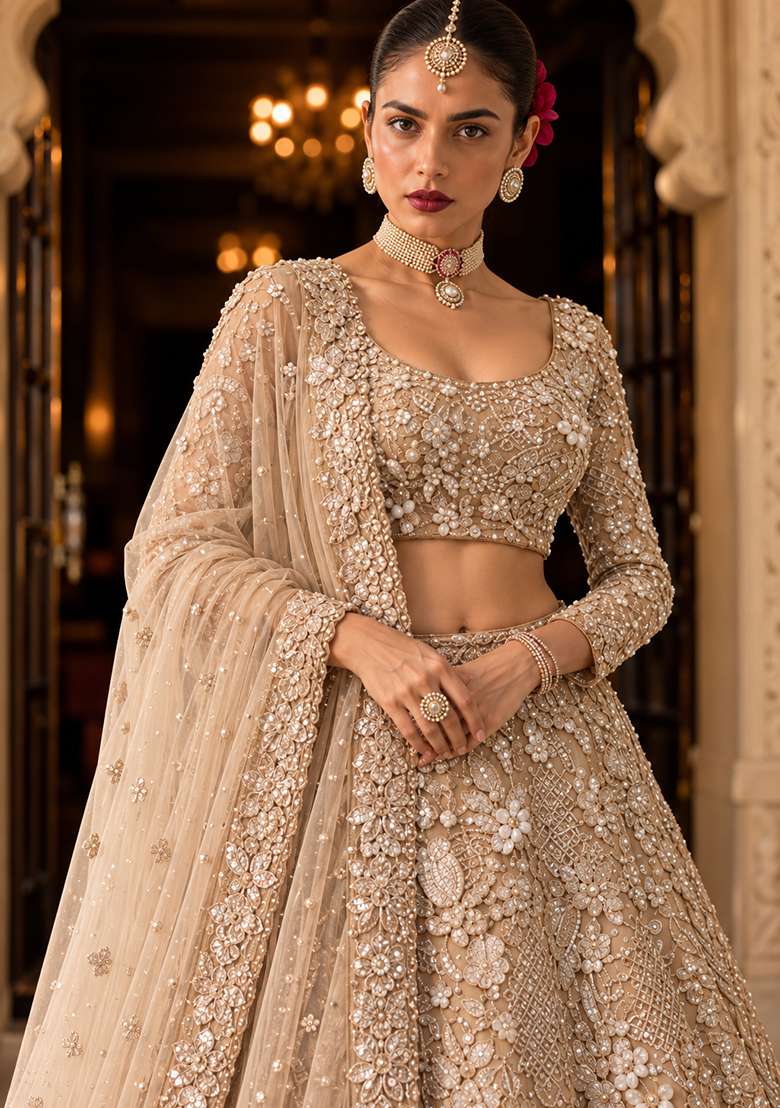 Beige Sequin And Cutdana Embellished Net Lehenga Set With Matching Dupatta - Indya