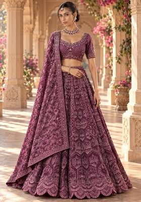 Wine Cutdana Embellished Chanderi Silk Lehenga Set With Velvet Dupatta