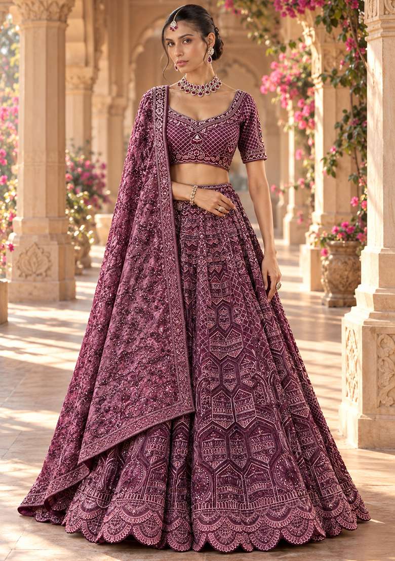 Wine Cutdana Embellished Chanderi Silk Lehenga Set With Velvet Dupatta - Indya
