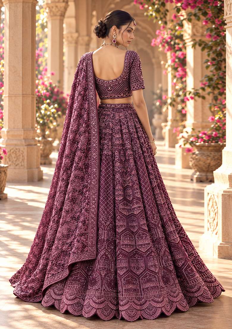 Wine Cutdana Embellished Chanderi Silk Lehenga Set With Velvet Dupatta - Indya