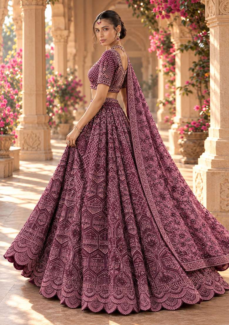 Wine Cutdana Embellished Chanderi Silk Lehenga Set With Velvet Dupatta - Indya