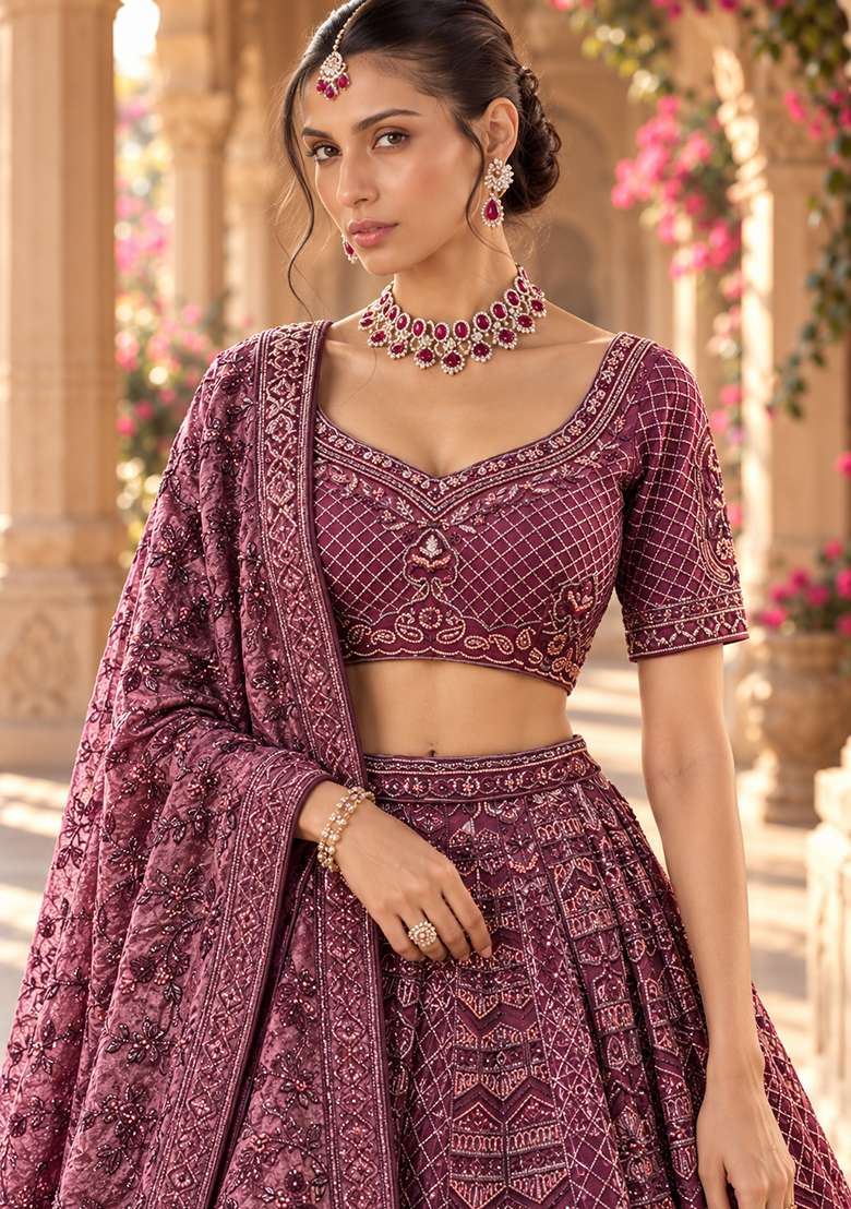 Wine Cutdana Embellished Chanderi Silk Lehenga Set With Velvet Dupatta - Indya