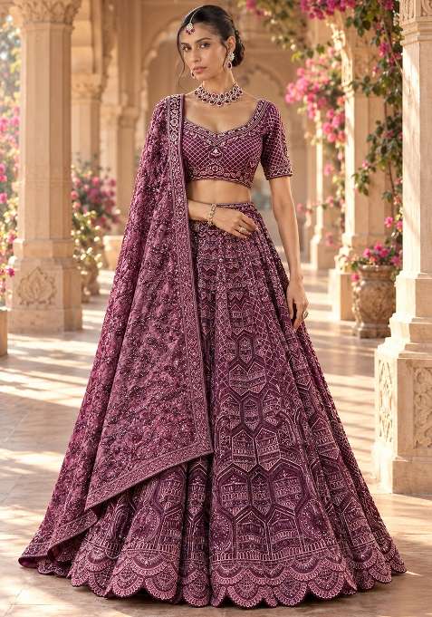 Wine Cutdana Embellished Chanderi Silk Lehenga Set With Velvet Dupatta