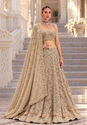 Beige Sequin And Bead Embellished Georgette Lehenga Set With Matching Dupatta
