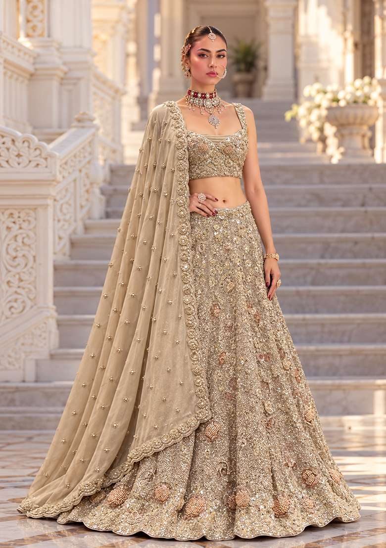 Beige Sequin And Bead Embellished Georgette Lehenga Set With Matching Dupatta - Indya