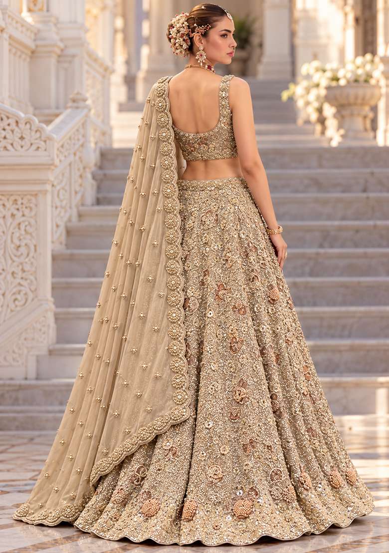 Beige Sequin And Bead Embellished Georgette Lehenga Set With Matching Dupatta - Indya