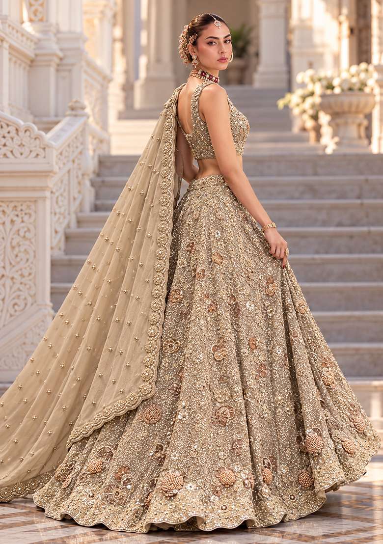 Beige Sequin And Bead Embellished Georgette Lehenga Set With Matching Dupatta - Indya