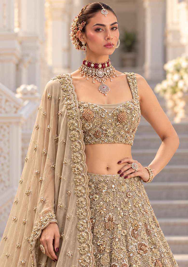 Beige Sequin And Bead Embellished Georgette Lehenga Set With Matching Dupatta - Indya