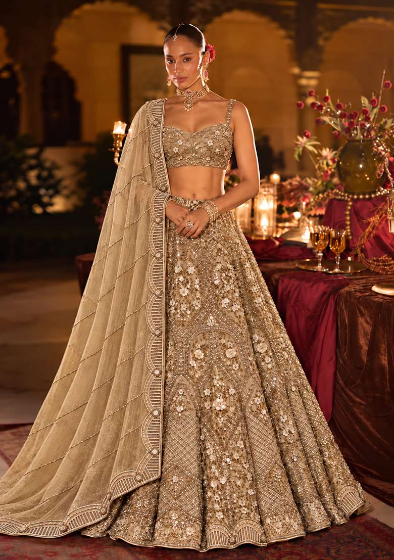 Golden Sequin And Cutdana Embellished Net Lehenga Set With Matching Dupatta - Indya
