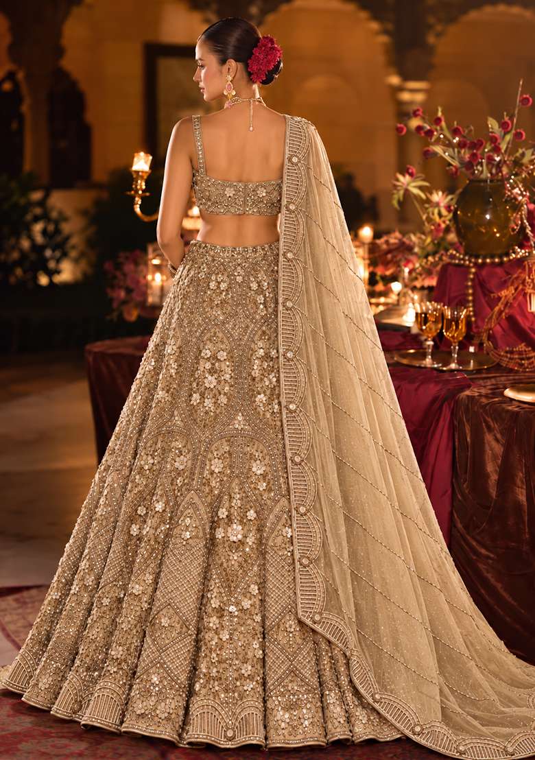 Golden Sequin And Cutdana Embellished Net Lehenga Set With Matching Dupatta - Indya