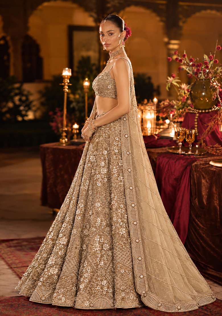 Golden Sequin And Cutdana Embellished Net Lehenga Set With Matching Dupatta - Indya
