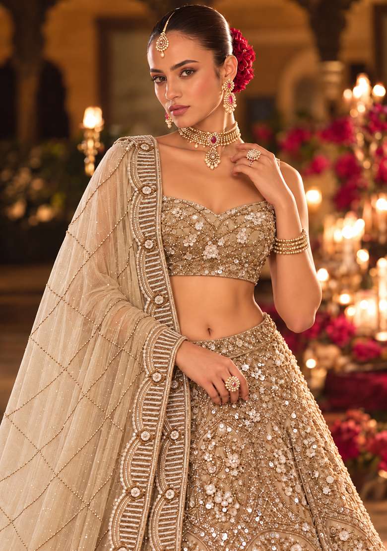 Golden Sequin And Cutdana Embellished Net Lehenga Set With Matching Dupatta - Indya
