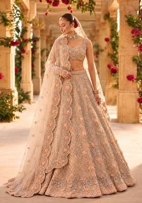 Light Peach Sequin And Cutdana Embellished Net Lehenga Set With Matching Dupatta