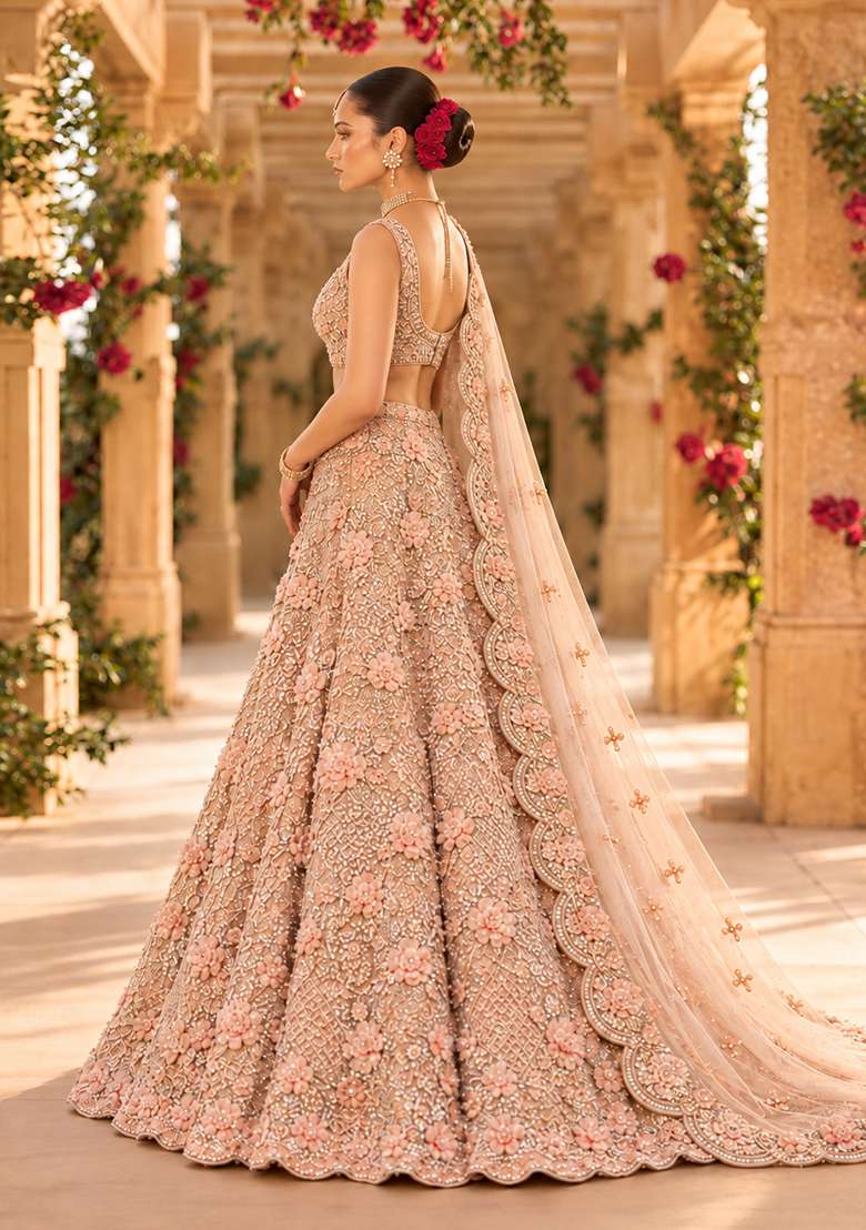 Light Peach Sequin And Cutdana Embellished Net Lehenga Set With Matching Dupatta - Indya