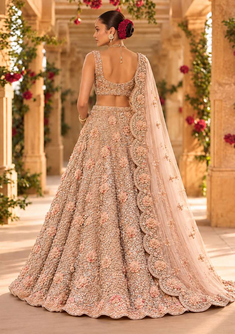 Light Peach Sequin And Cutdana Embellished Net Lehenga Set With Matching Dupatta - Indya
