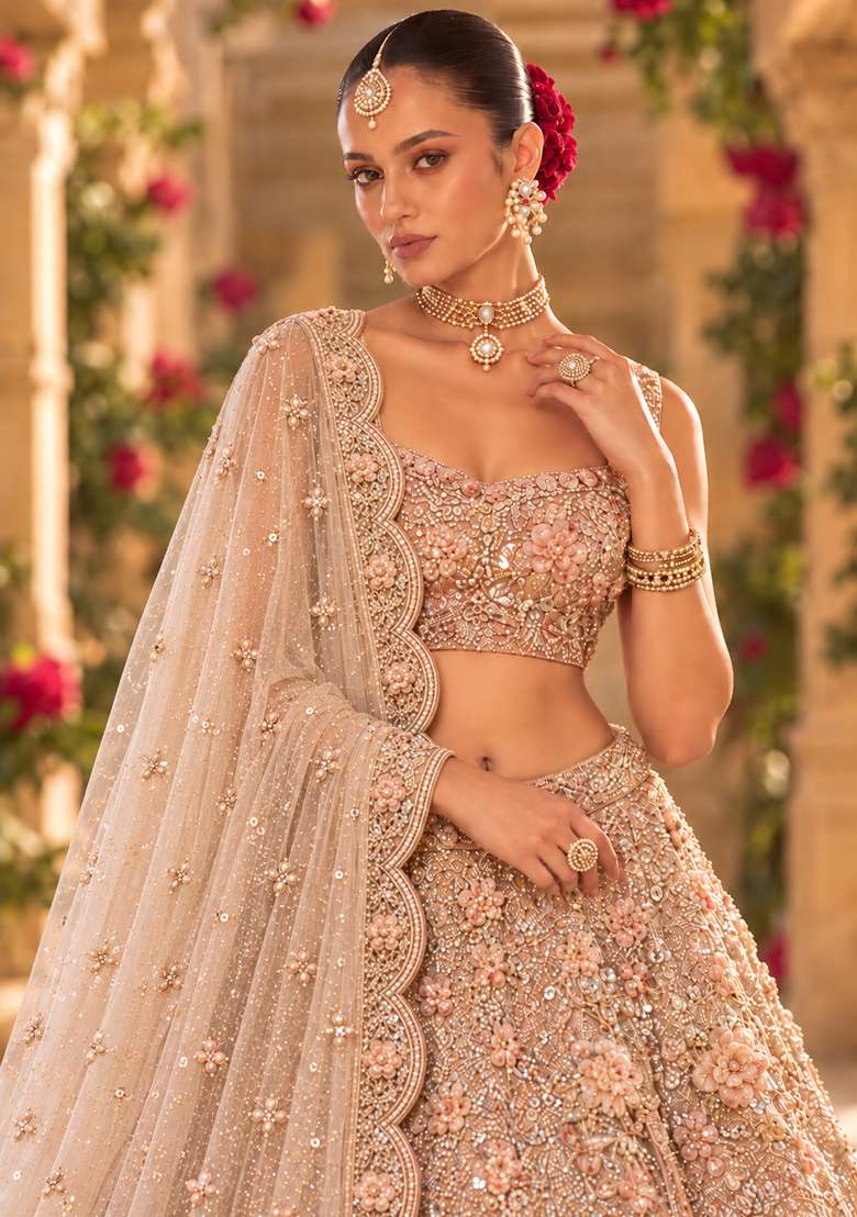 Light Peach Sequin And Cutdana Embellished Net Lehenga Set With Matching Dupatta - Indya