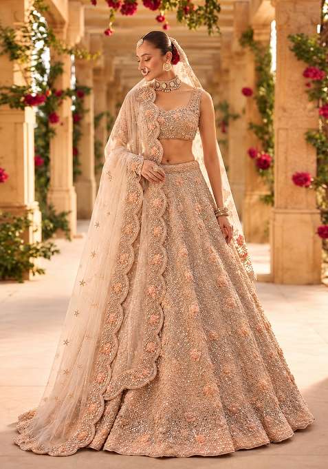 Light Peach Sequin And Cutdana Embellished Net Lehenga Set With Matching Dupatta