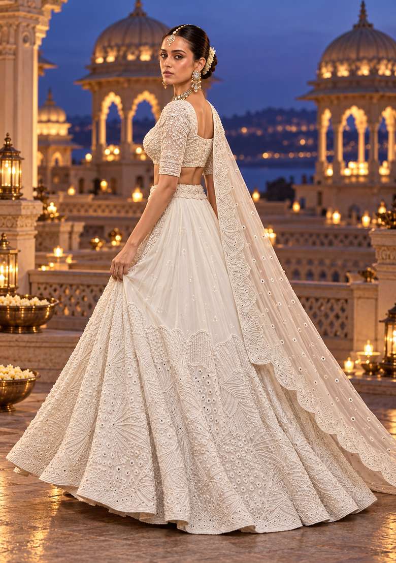White Cutdana Embellished Georgette Lehenga Set With Net Dupatta - Indya