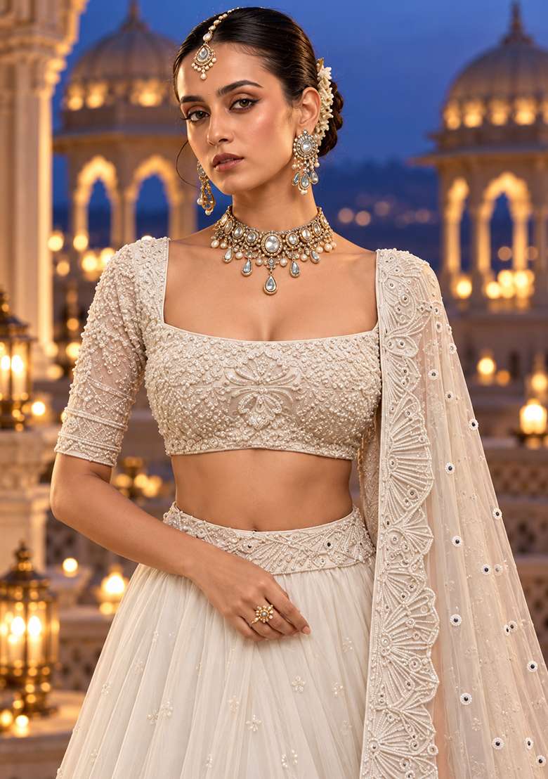 White Cutdana Embellished Georgette Lehenga Set With Net Dupatta - Indya