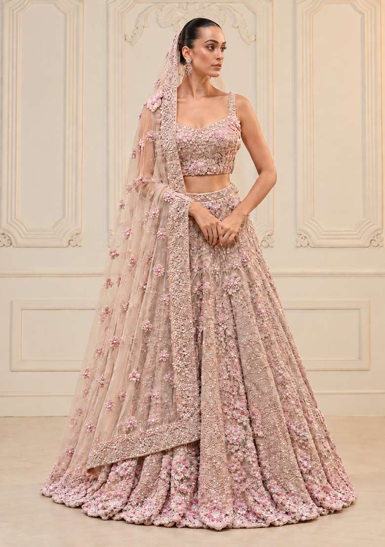 Light Pink Sequin And Bead Embellished Net Lehenga Set With Matching Dupatta - Indya