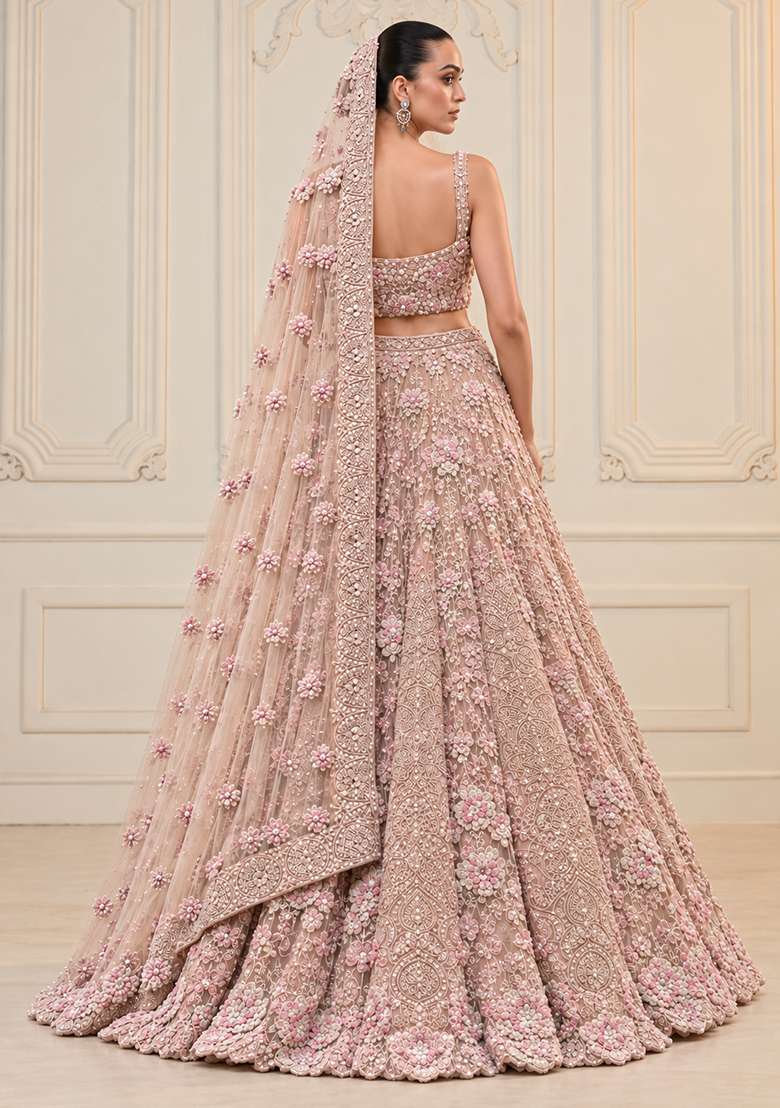 Light Pink Sequin And Bead Embellished Net Lehenga Set With Matching Dupatta - Indya