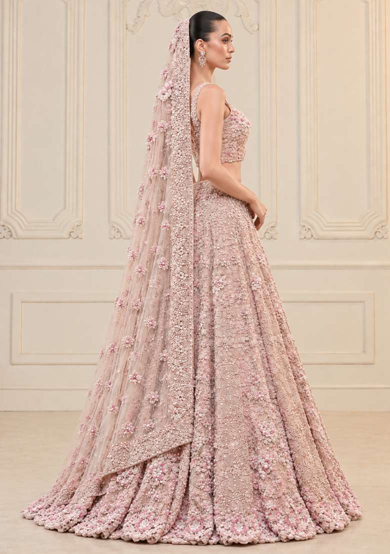 Light Pink Sequin And Bead Embellished Net Lehenga Set With Matching Dupatta - Indya