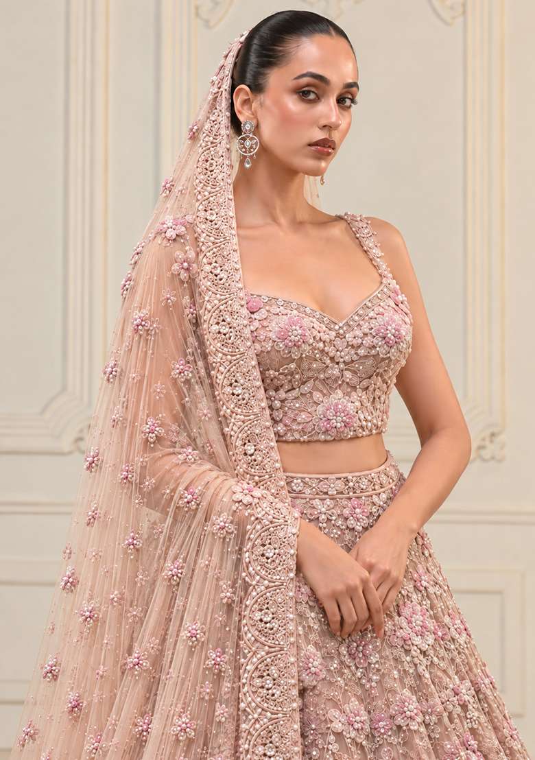 Light Pink Sequin And Bead Embellished Net Lehenga Set With Matching Dupatta - Indya